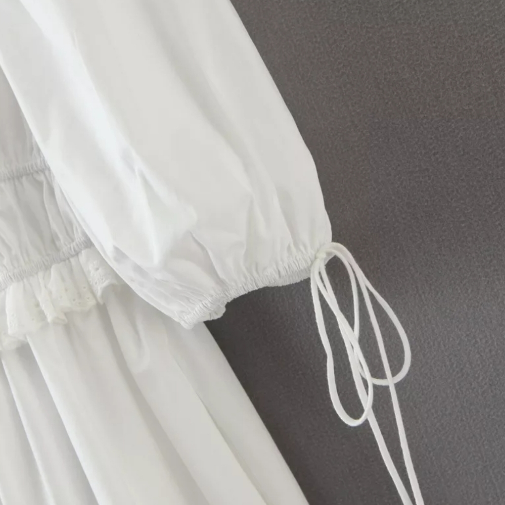 White Puff Sleeve Square Neck Dress with Lace and Ruffle Detail - Picture 14 of 16